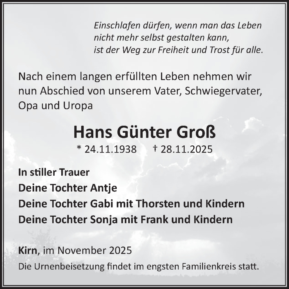  Traueranzeige für Hans Günter Groß vom 06.12.2025 aus WochenSpiegel