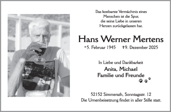 Traueranzeige von Hans Werner Mertens von WochenSpiegel