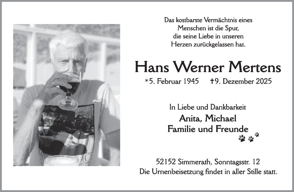  Traueranzeige für Hans Werner Mertens vom 31.12.2025 aus WochenSpiegel