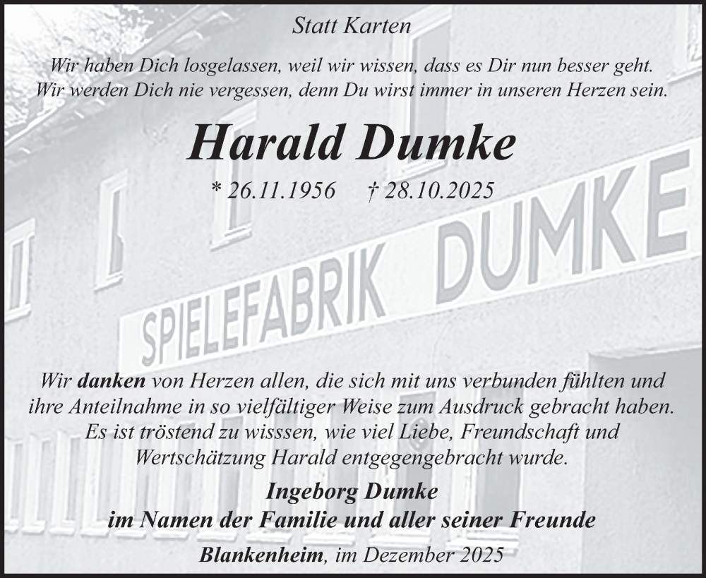  Traueranzeige für Harald Dumke vom 03.12.2025 aus WochenSpiegel