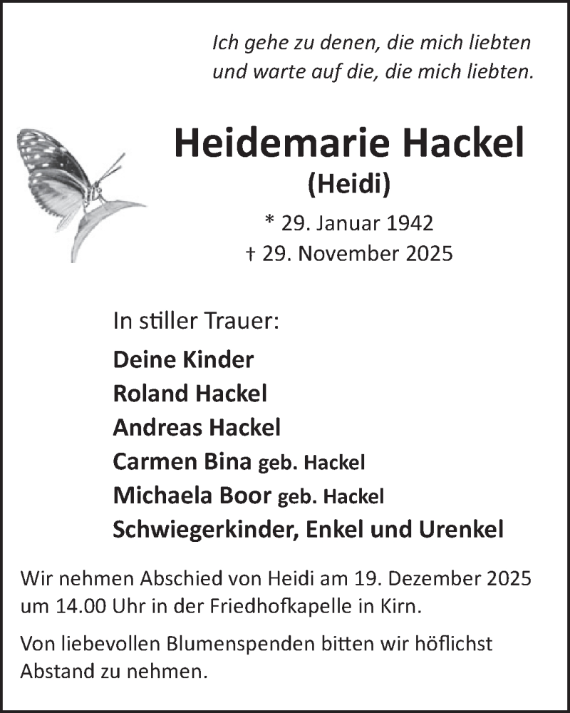  Traueranzeige für Heidemarie Hackel vom 13.12.2025 aus WochenSpiegel