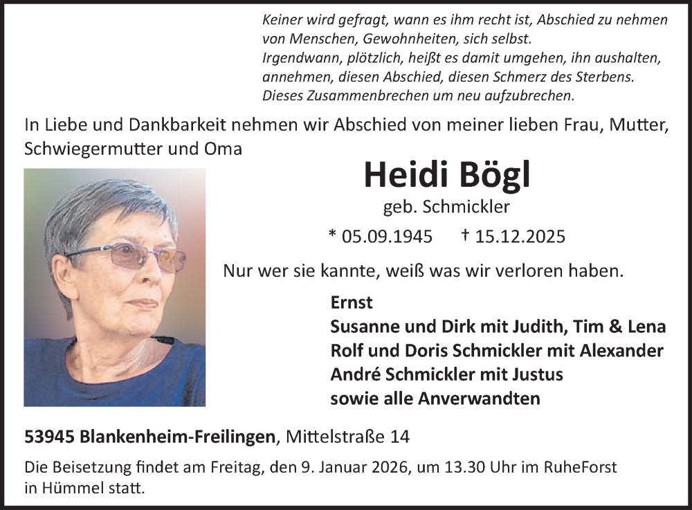  Traueranzeige für Heidi Bögl vom 24.12.2025 aus WochenSpiegel