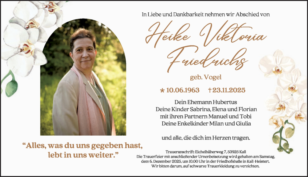  Traueranzeige für Heike Viktoria Friedrichs vom 03.12.2025 aus WochenSpiegel