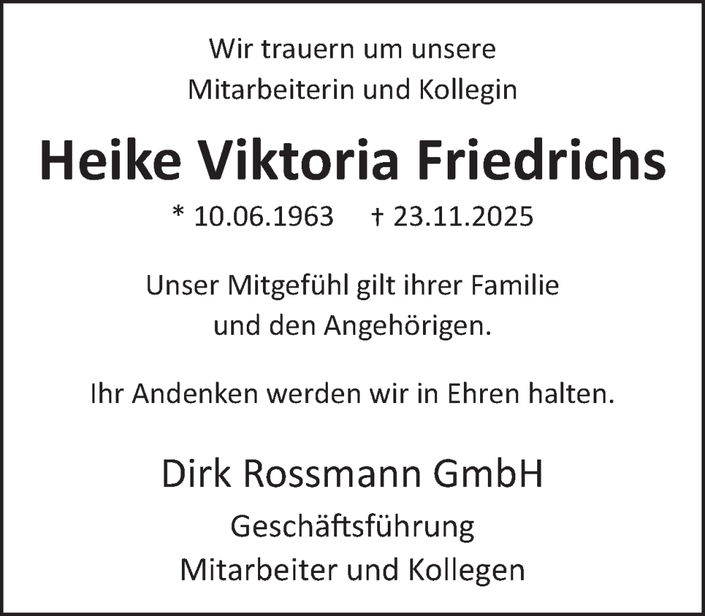 Traueranzeige für Heike Viktoria Friedrichs vom 10.12.2025 aus WochenSpiegel