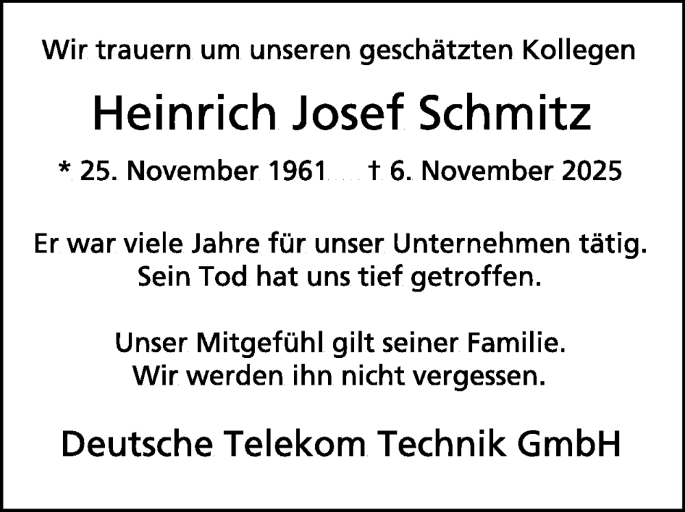  Traueranzeige für Heinrich Josef Schmitz vom 03.12.2025 aus WochenSpiegel
