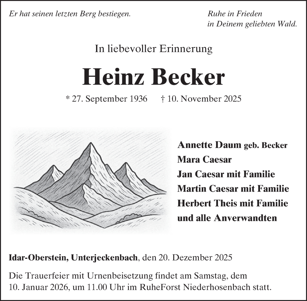  Traueranzeige für Heinz Becker vom 20.12.2025 aus WochenSpiegel