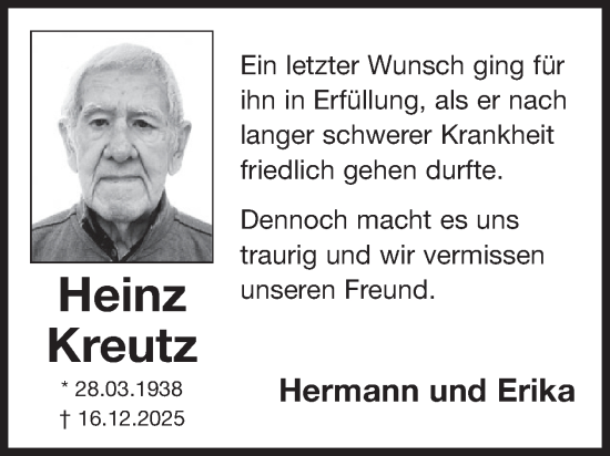 Traueranzeige von Heinz Kreutz von WochenSpiegel
