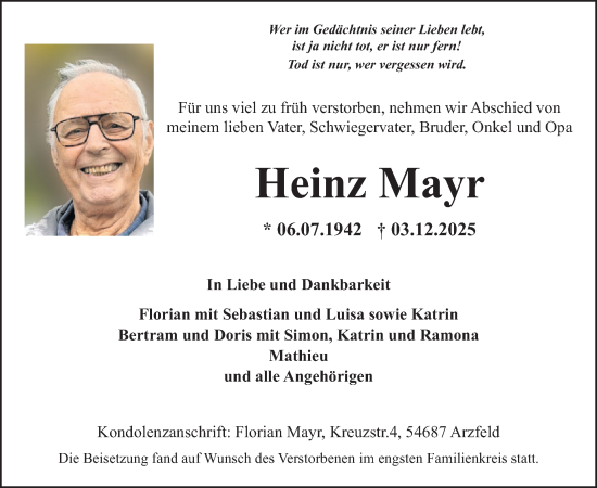 Traueranzeige von Heinz Mayr von WochenSpiegel