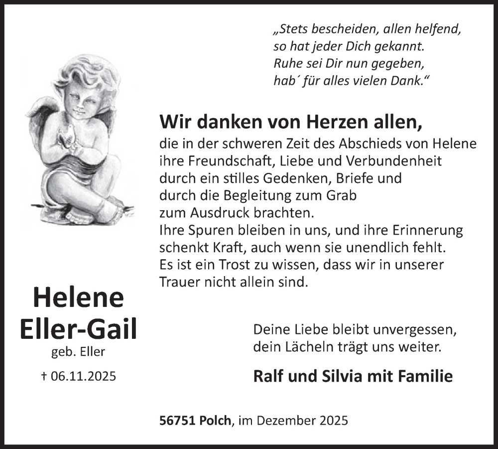  Traueranzeige für Helene Eller-Gail vom 17.12.2025 aus WochenSpiegel