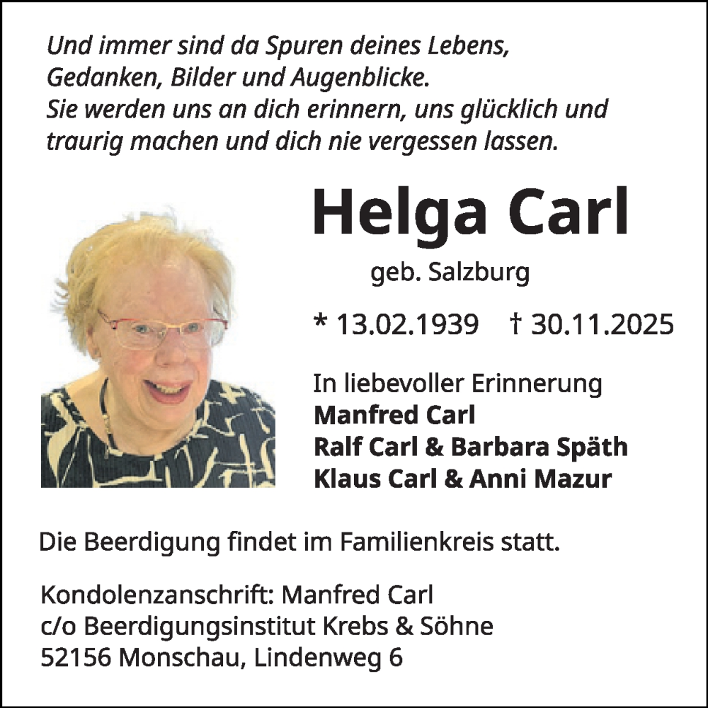  Traueranzeige für Helga Carl vom 03.12.2025 aus WochenSpiegel