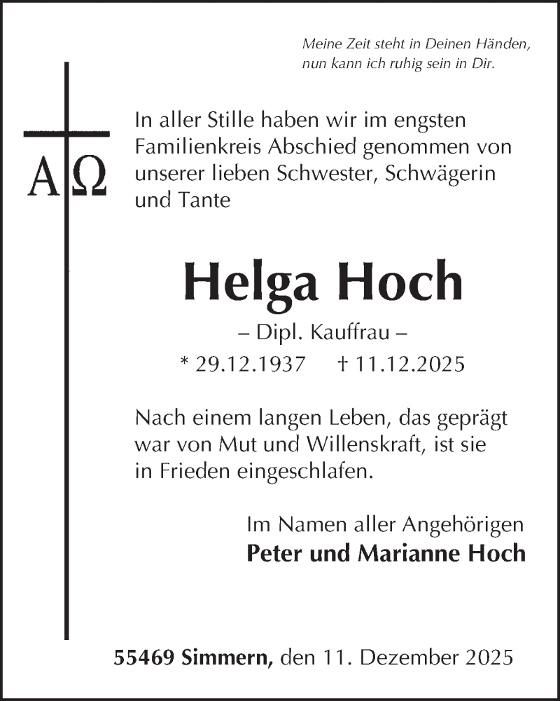  Traueranzeige für Helga Hoch vom 20.12.2025 aus WochenSpiegel