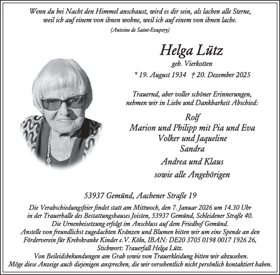 Traueranzeige von Helga Lütz von WochenSpiegel