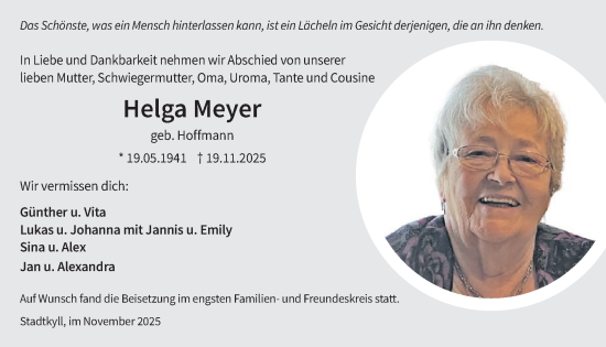 Traueranzeige von Helga Meyer von WochenSpiegel