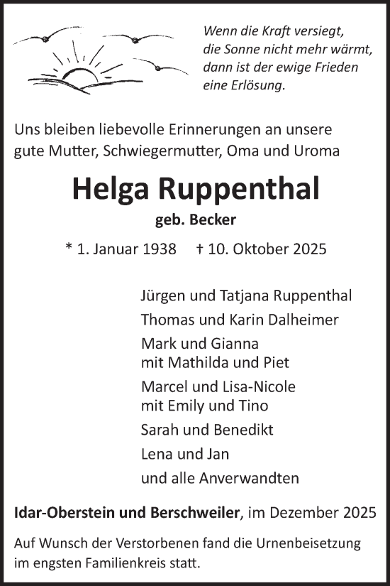 Traueranzeige von Helga Ruppenthal von WochenSpiegel