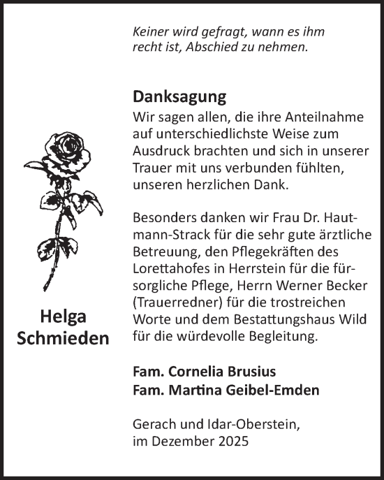 Traueranzeige von Helga Schmieden von WochenSpiegel