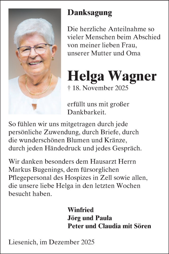  Traueranzeige für Helga Wagner vom 10.12.2025 aus WochenSpiegel