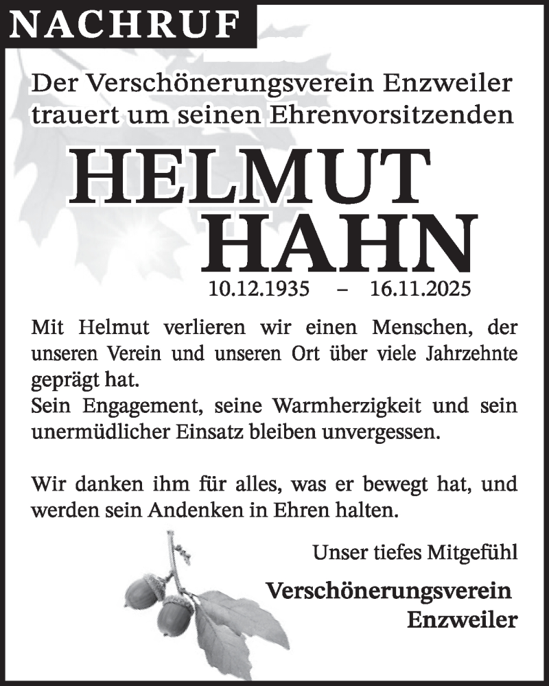  Traueranzeige für Helmut Hahn vom 06.12.2025 aus WochenSpiegel