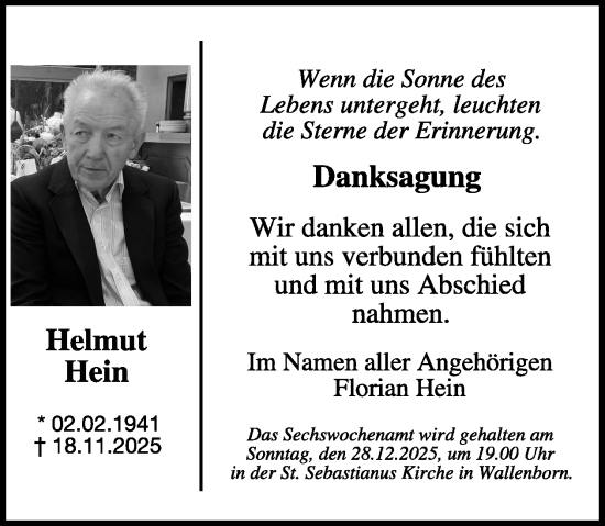 Traueranzeige von Helmut Hein von WochenSpiegel
