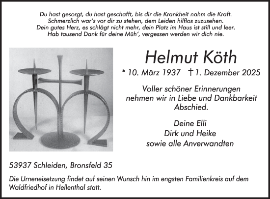 Traueranzeige von Helmut Köth von WochenSpiegel