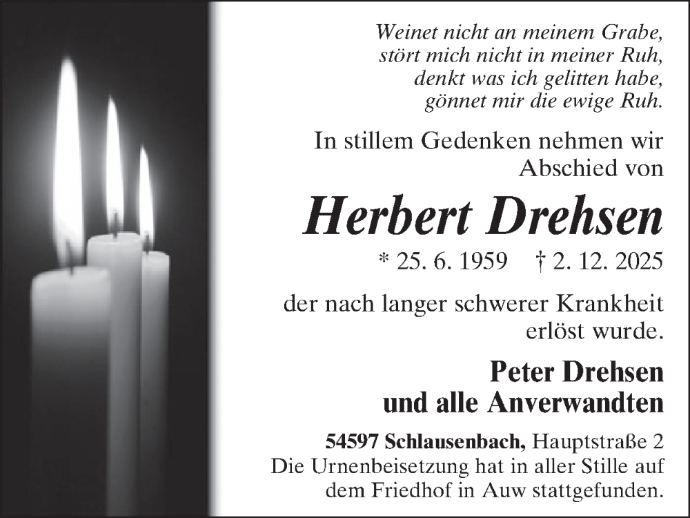  Traueranzeige für Herbert Drehsen vom 12.12.2025 aus WochenSpiegel