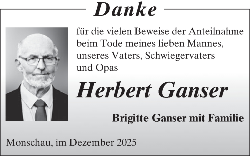  Traueranzeige für Herbert Ganser vom 17.12.2025 aus WochenSpiegel