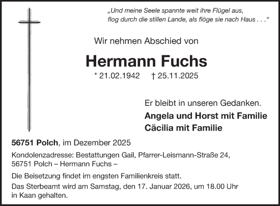 Traueranzeige von Hermann Fuchs von WochenSpiegel