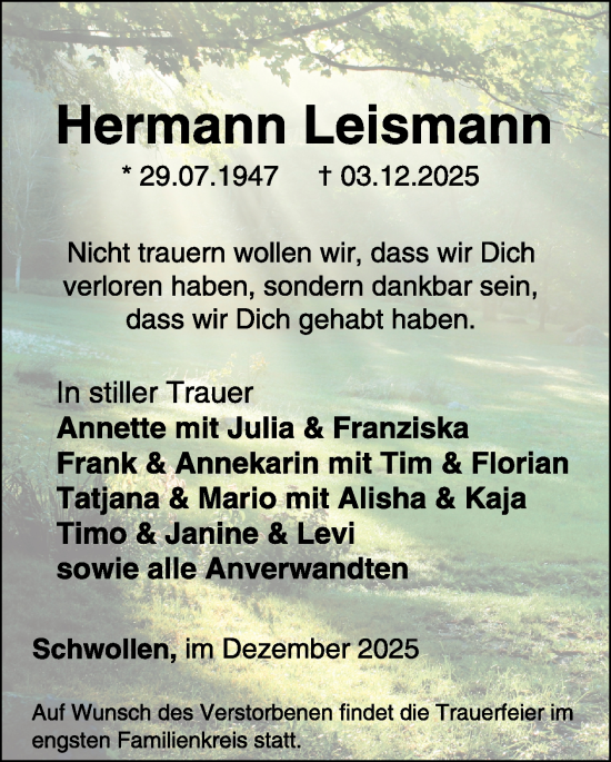 Traueranzeige von Hermann Leismann von WochenSpiegel