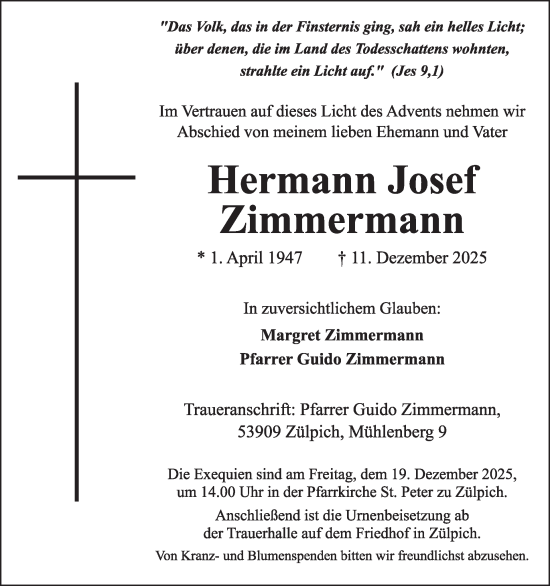 Traueranzeige von Hermann Josef Zimmermann von WochenSpiegel