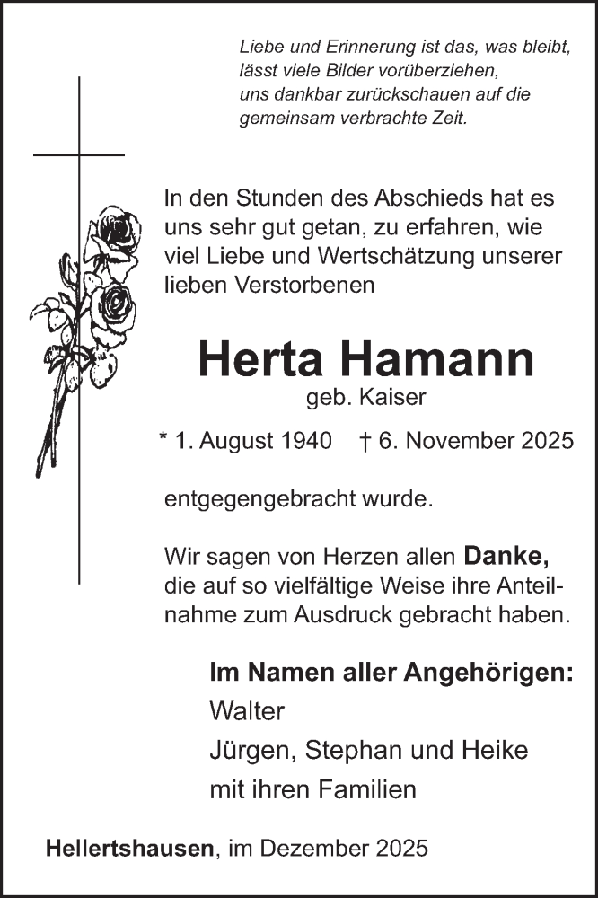  Traueranzeige für Herta Hamann vom 13.12.2025 aus WochenSpiegel