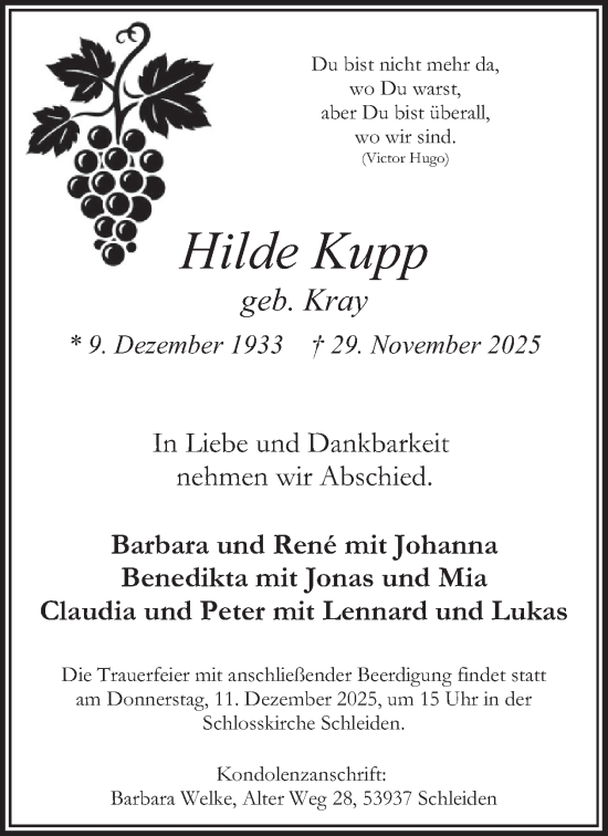 Traueranzeige von Hilde Kupp von WochenSpiegel