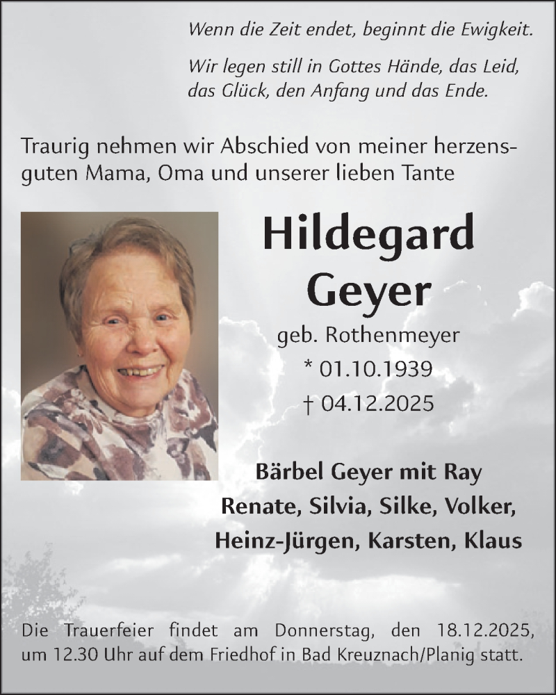  Traueranzeige für Hildegard Geyer vom 13.12.2025 aus WochenSpiegel