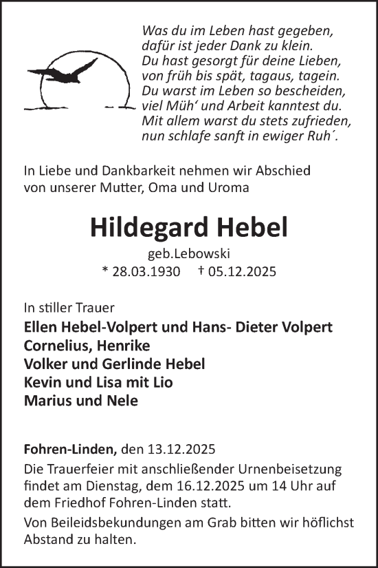 Traueranzeige von Hildegard Hebel von WochenSpiegel