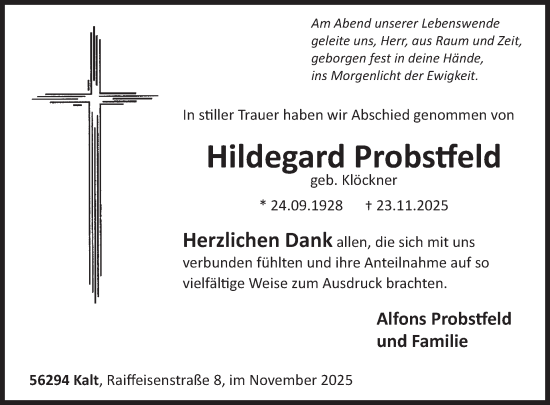Traueranzeige von Hildegard Probstfeld von WochenSpiegel