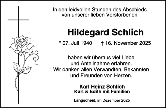 Traueranzeige von Hildegard Schlich von WochenSpiegel