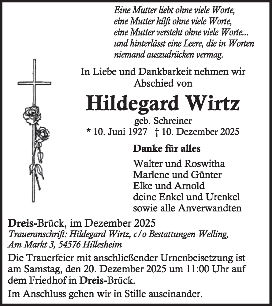  Traueranzeige für Hildegard Wirtz vom 20.12.2025 aus WochenSpiegel