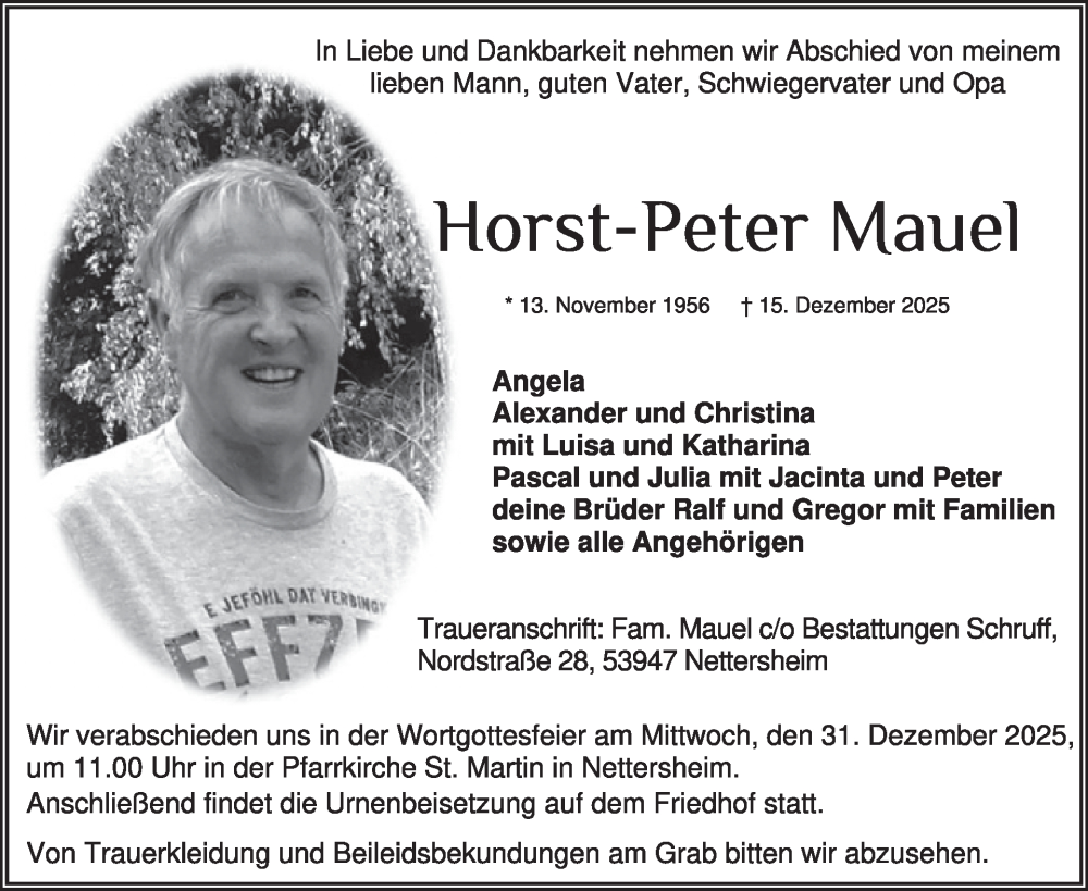  Traueranzeige für Horst-Peter Mauel vom 24.12.2025 aus WochenSpiegel