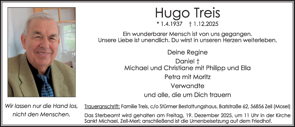  Traueranzeige für Hugo Treis vom 10.12.2025 aus WochenSpiegel