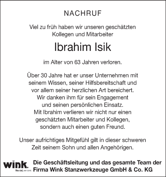 Traueranzeige von Ibrahim Isik von WochenSpiegel