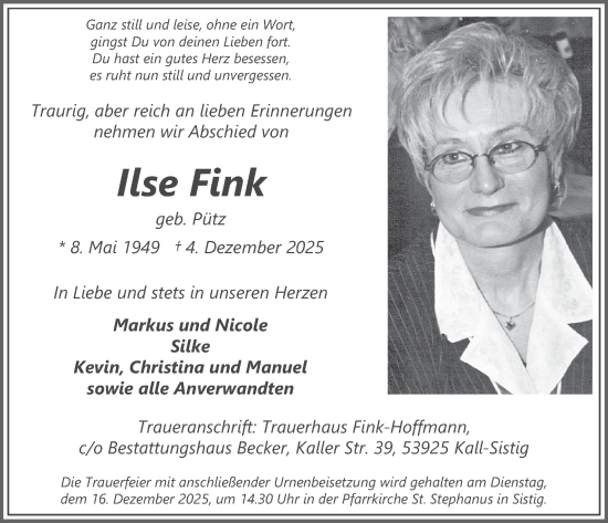 Traueranzeige von Ilse Fink von WochenSpiegel