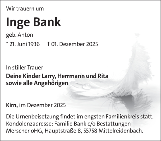 Traueranzeige von Inge Bank von WochenSpiegel