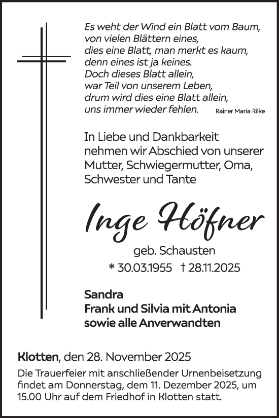 Traueranzeige von Inge Höfner von WochenSpiegel