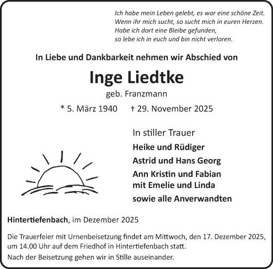 Traueranzeige von Inge Liedtke von WochenSpiegel