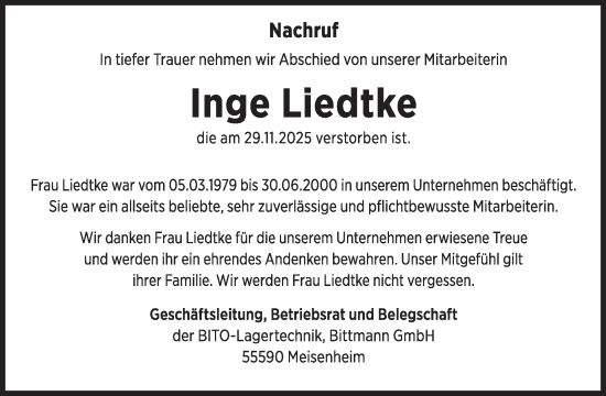 Traueranzeige von Inge Liedtke von WochenSpiegel