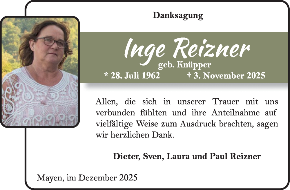  Traueranzeige für Inge Reizner vom 03.12.2025 aus WochenSpiegel