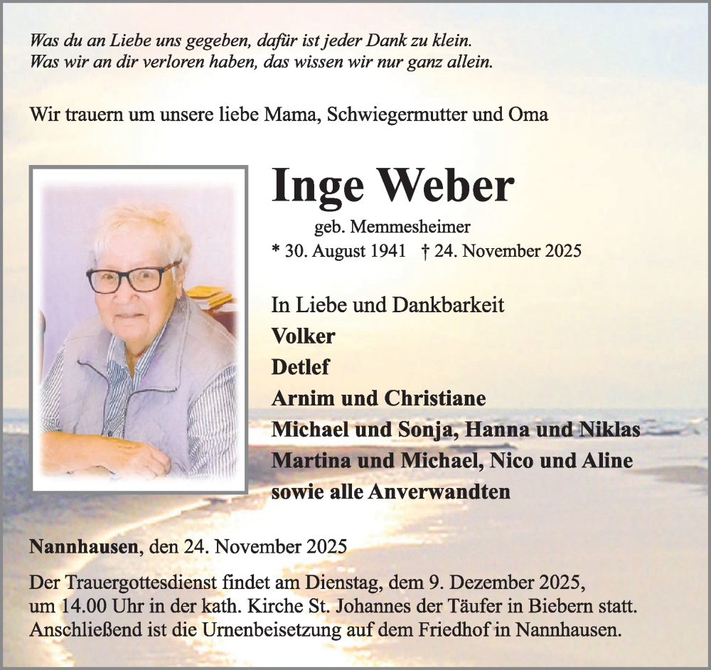  Traueranzeige für Inge Weber vom 06.12.2025 aus WochenSpiegel