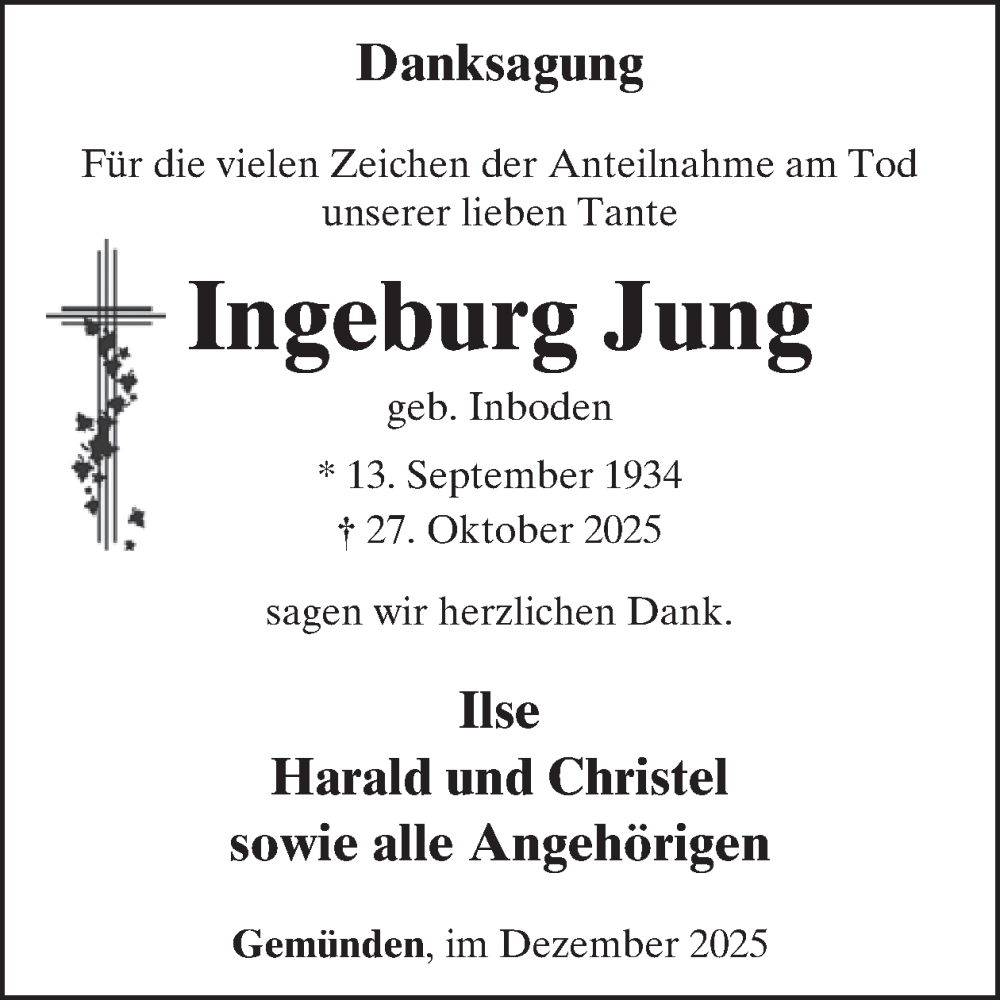  Traueranzeige für Ingeburg Jung vom 20.12.2025 aus WochenSpiegel
