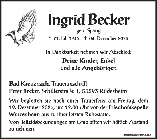 Traueranzeige von Ingrid Becker von WochenSpiegel
