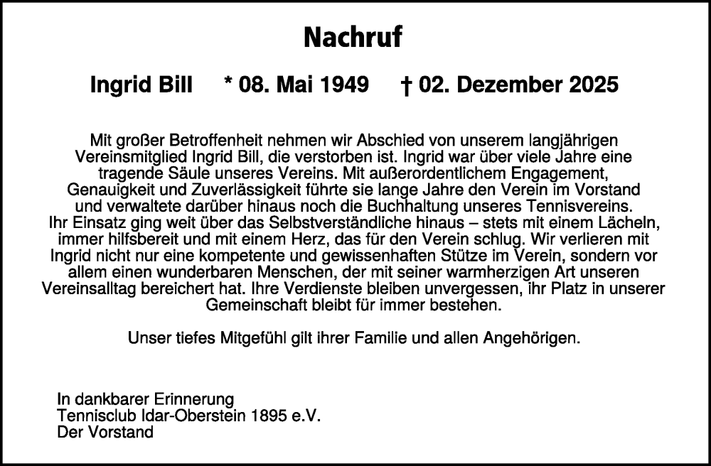  Traueranzeige für Ingrid Bill vom 20.12.2025 aus WochenSpiegel