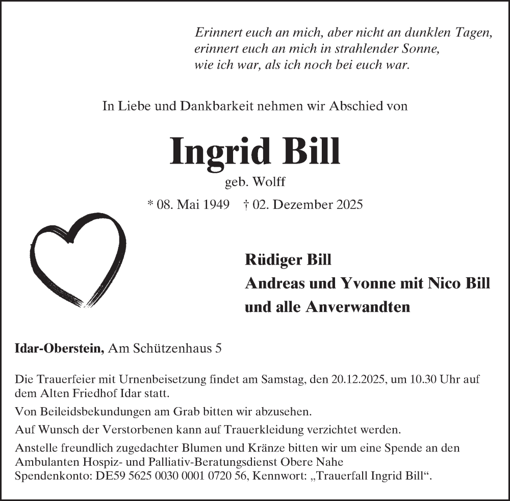  Traueranzeige für Ingrid Bill vom 13.12.2025 aus WochenSpiegel