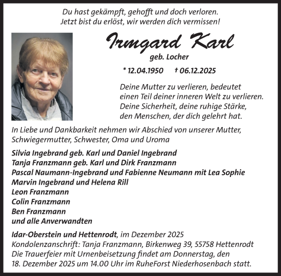 Traueranzeige von Irmgard Karl von WochenSpiegel